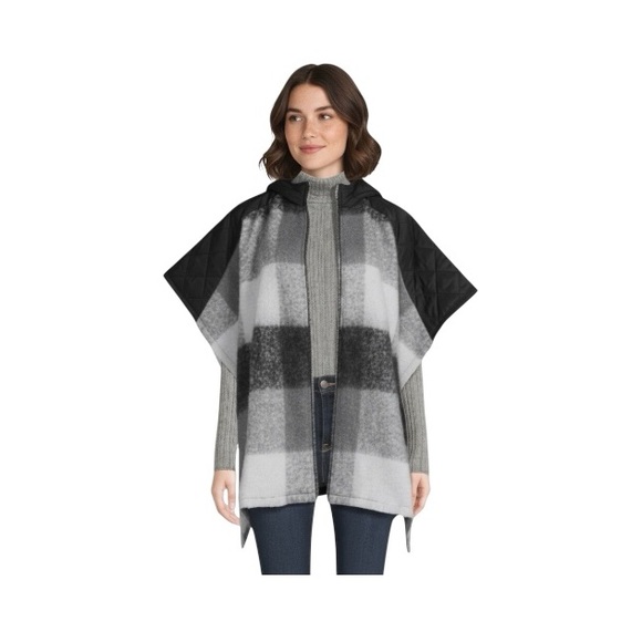 Time And Tru Plaid Hooded Zipper Poncho Sweater - Picture 7 of 11